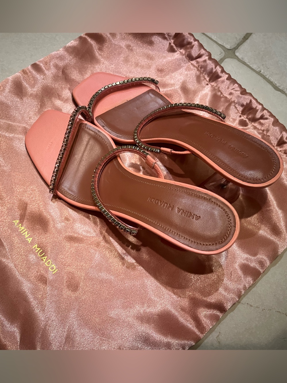 Amina Muaddi Coral Crystal-Embellished Slide Mules